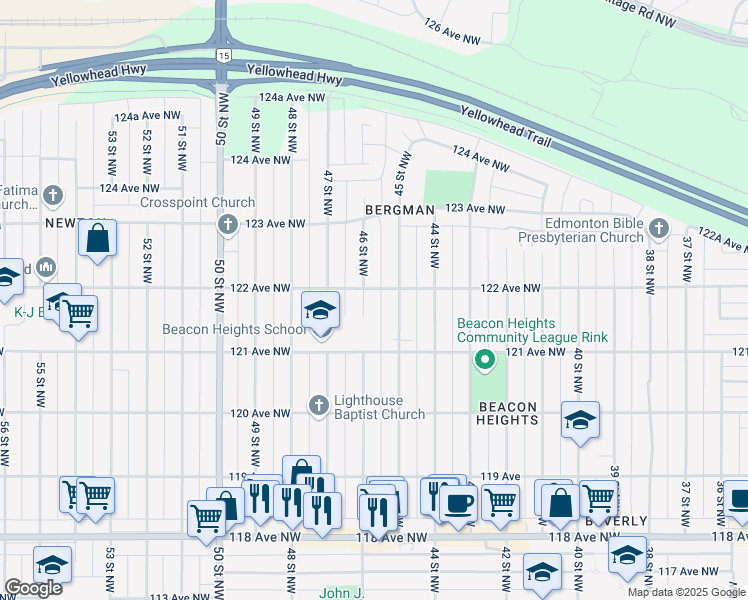 map of restaurants, bars, coffee shops, grocery stores, and more near in Edmonton