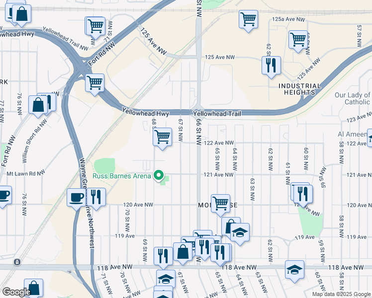 map of restaurants, bars, coffee shops, grocery stores, and more near in Edmonton