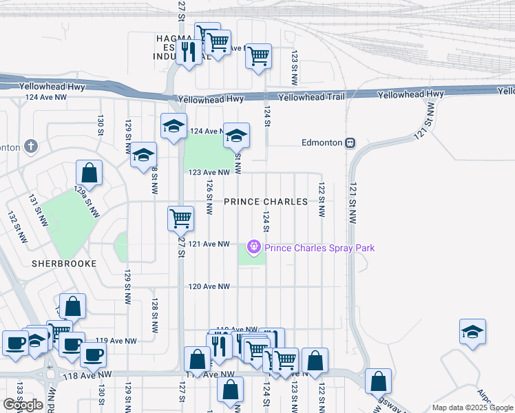 map of restaurants, bars, coffee shops, grocery stores, and more near 12206 124 Street in Edmonton