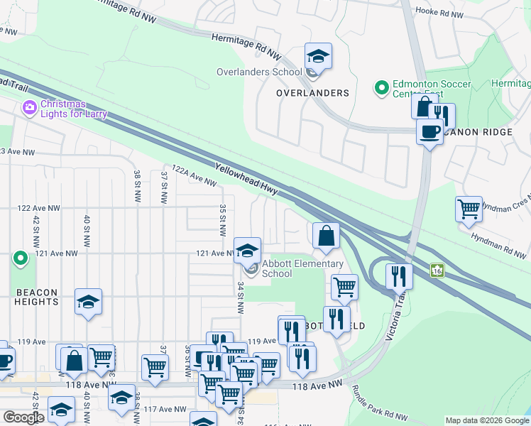 map of restaurants, bars, coffee shops, grocery stores, and more near in Edmonton