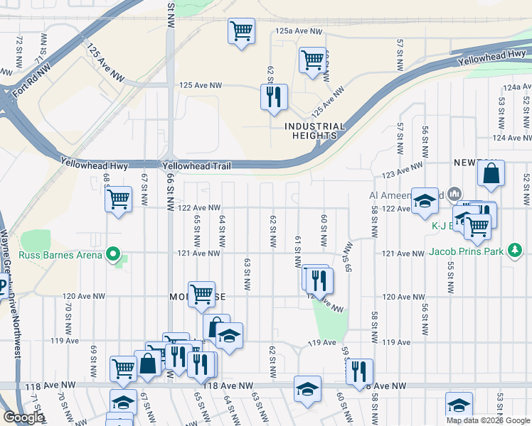 map of restaurants, bars, coffee shops, grocery stores, and more near 6203 122 Avenue Northwest in Edmonton