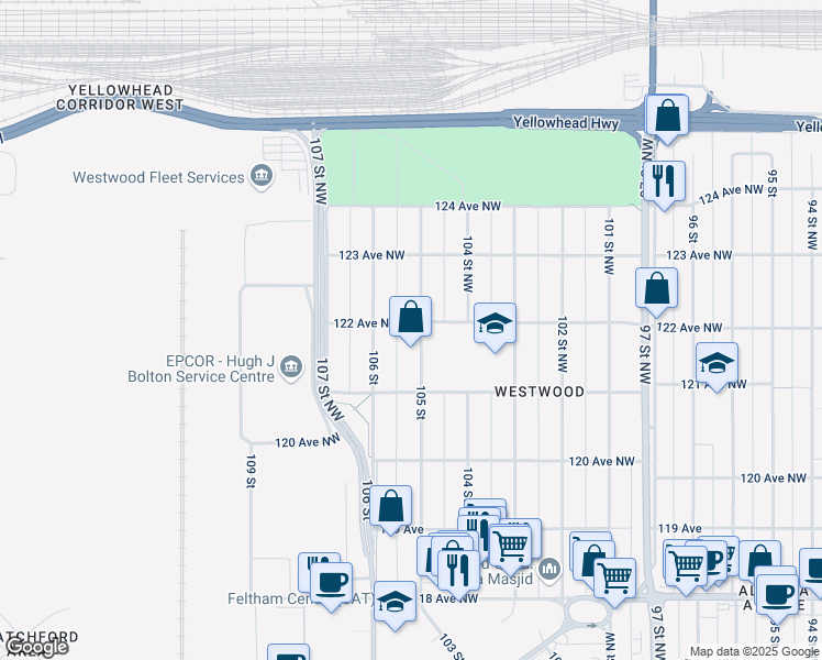 map of restaurants, bars, coffee shops, grocery stores, and more near 12148 105 Street Northwest in Edmonton