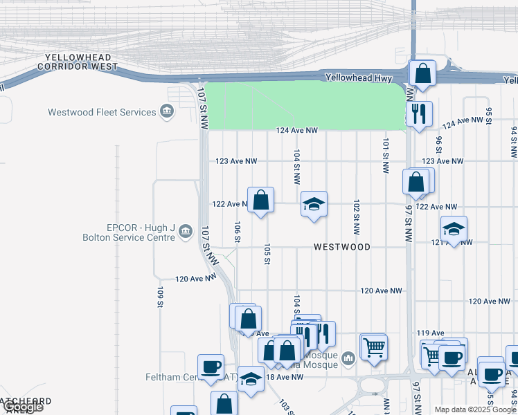 map of restaurants, bars, coffee shops, grocery stores, and more near 12202 122 Avenue Northwest in Edmonton