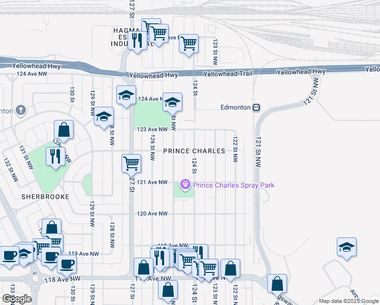 map of restaurants, bars, coffee shops, grocery stores, and more near 12206 124 Street in Edmonton