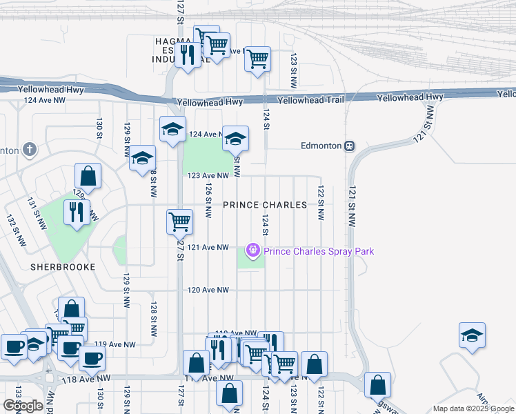 map of restaurants, bars, coffee shops, grocery stores, and more near 12206 124 Street in Edmonton