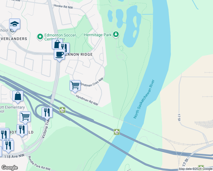 map of restaurants, bars, coffee shops, grocery stores, and more near 1196 Hyndman Road Northwest in Edmonton