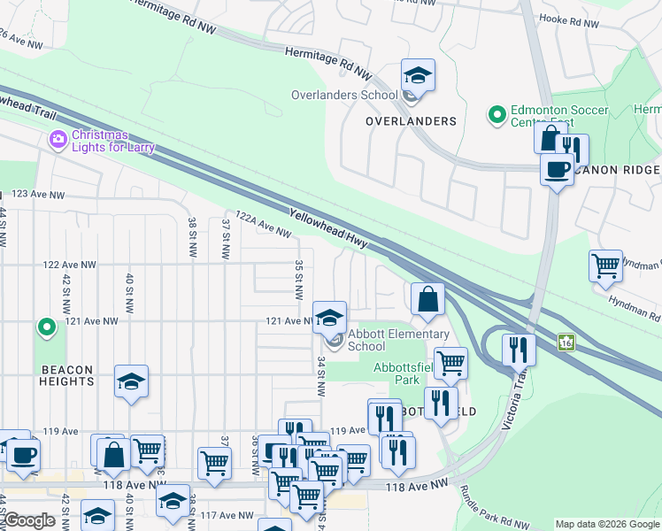 map of restaurants, bars, coffee shops, grocery stores, and more near in Edmonton