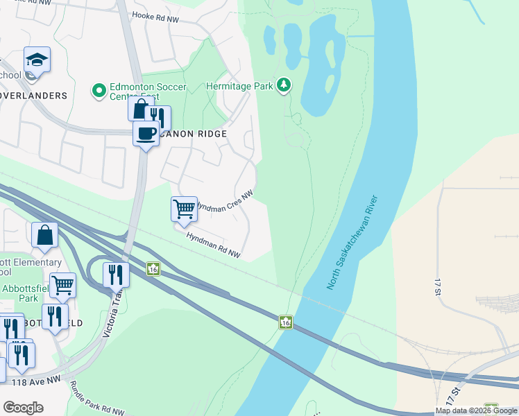 map of restaurants, bars, coffee shops, grocery stores, and more near 1196 Hyndman Road Northwest in Edmonton