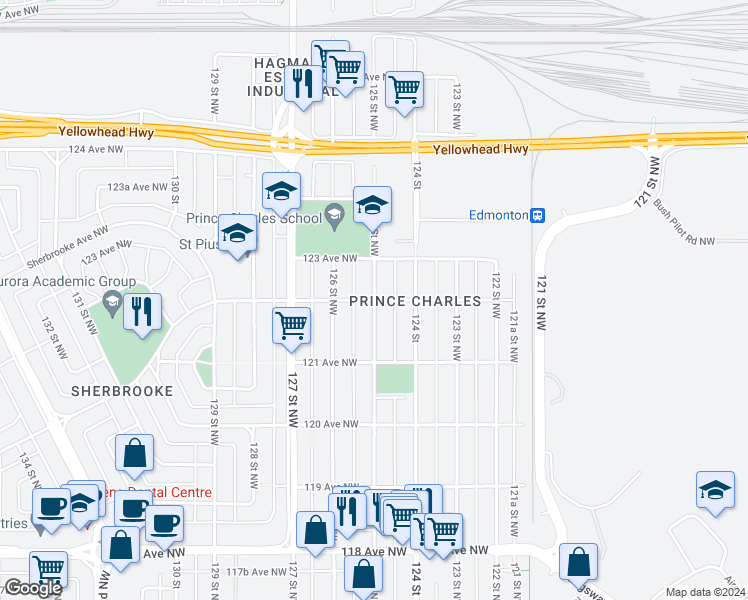 map of restaurants, bars, coffee shops, grocery stores, and more near 125 Street Northwest in Edmonton