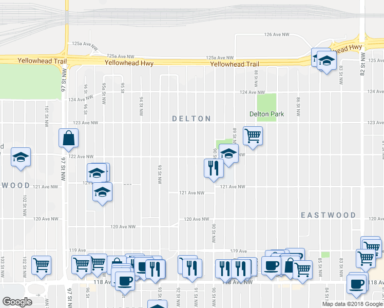 map of restaurants, bars, coffee shops, grocery stores, and more near 12202 122 Avenue Northwest in Edmonton