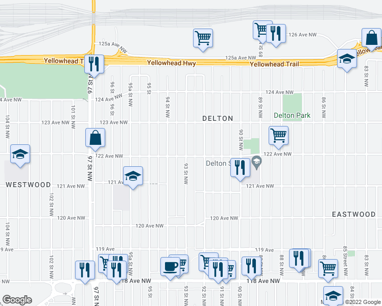 map of restaurants, bars, coffee shops, grocery stores, and more near 12219 93 Street Northwest in Edmonton