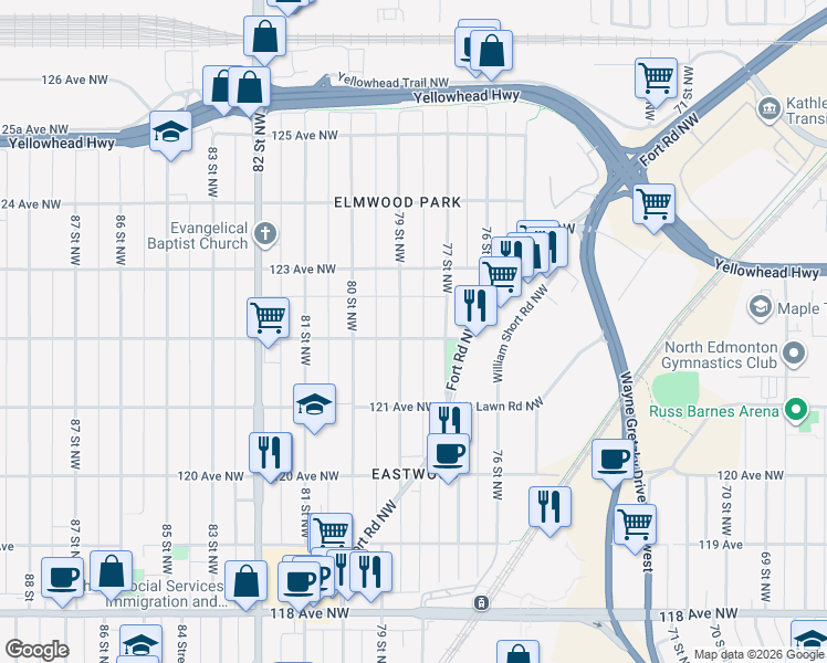 map of restaurants, bars, coffee shops, grocery stores, and more near 12207 79 Street Northwest in Edmonton