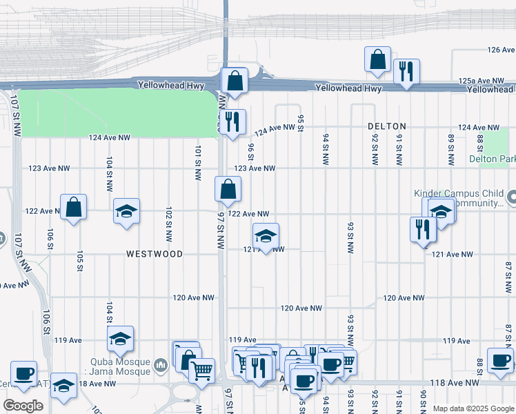 map of restaurants, bars, coffee shops, grocery stores, and more near in Edmonton