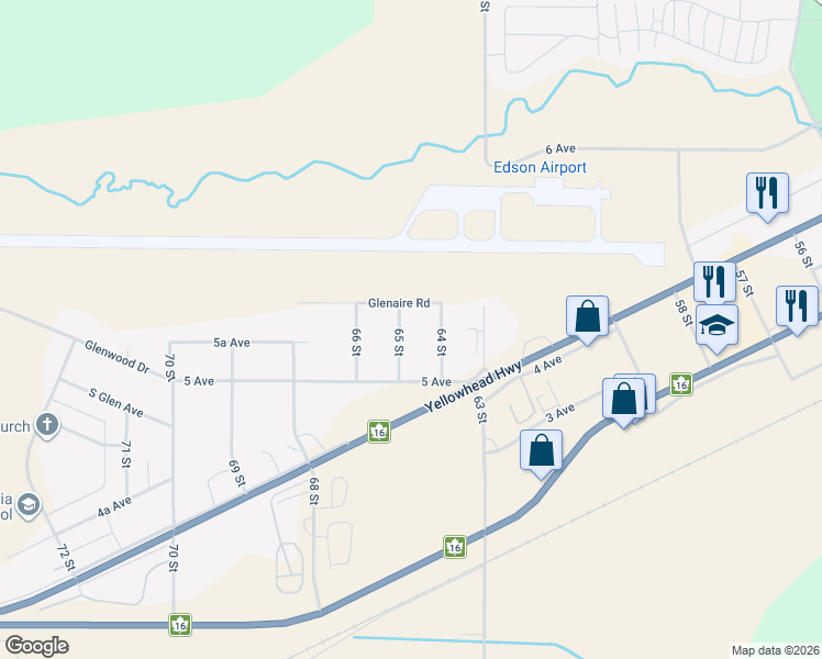 map of restaurants, bars, coffee shops, grocery stores, and more near 531 65 Street in Edson