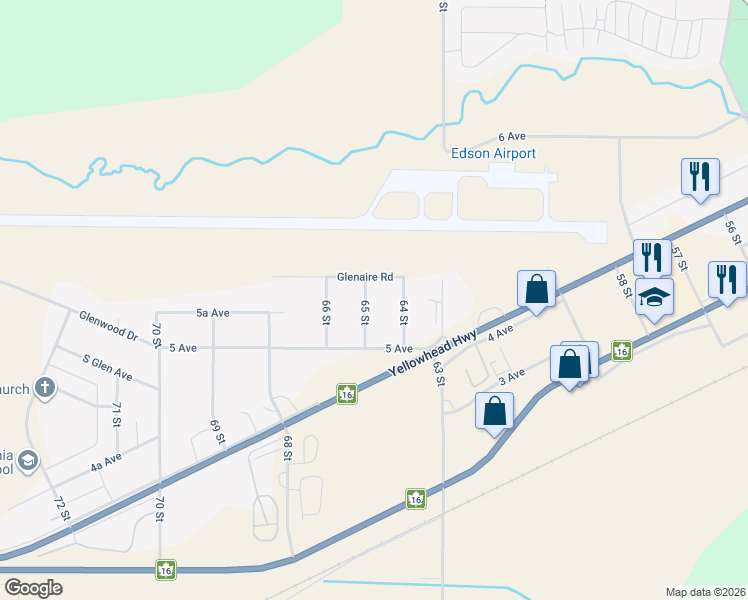 map of restaurants, bars, coffee shops, grocery stores, and more near 531 65 Street in Edson