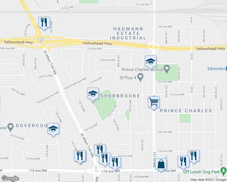 map of restaurants, bars, coffee shops, grocery stores, and more near 12251 129A Street Northwest in Edmonton