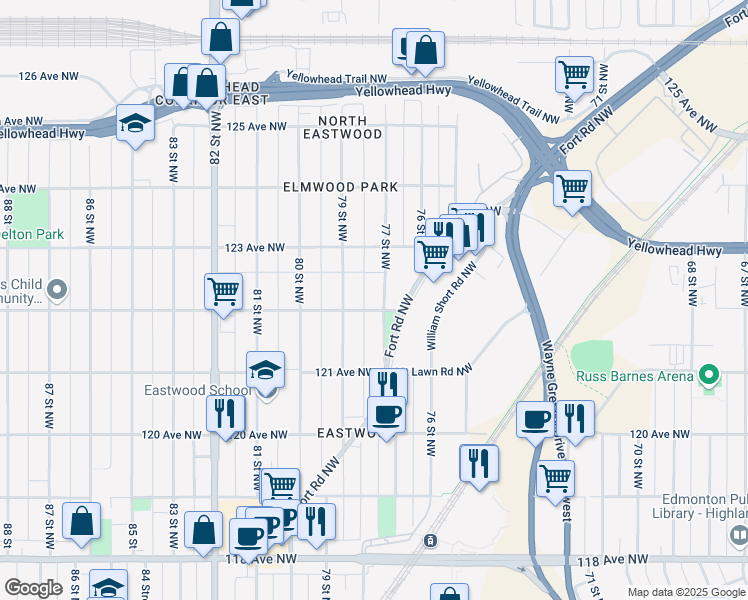 map of restaurants, bars, coffee shops, grocery stores, and more near in Edmonton