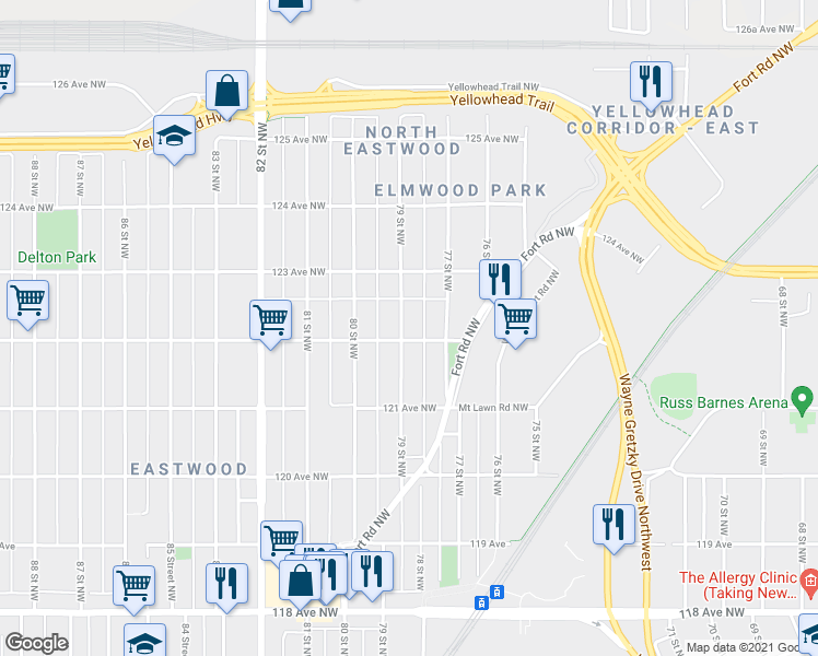 map of restaurants, bars, coffee shops, grocery stores, and more near 12207 79 Street Northwest in Edmonton