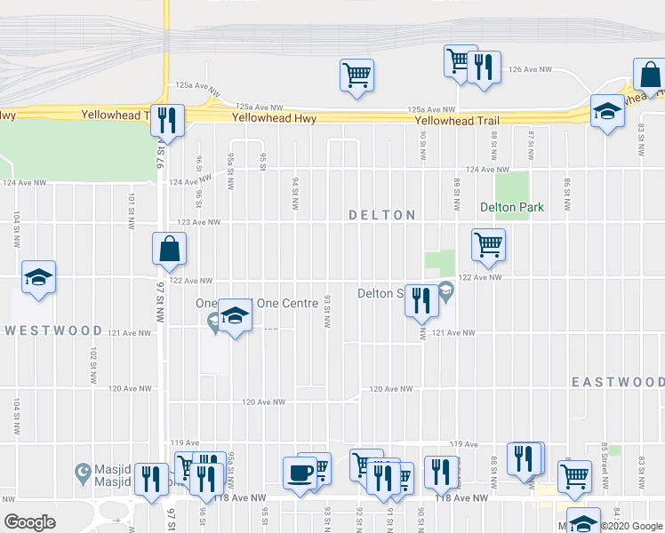 map of restaurants, bars, coffee shops, grocery stores, and more near 12219 93 Street Northwest in Edmonton