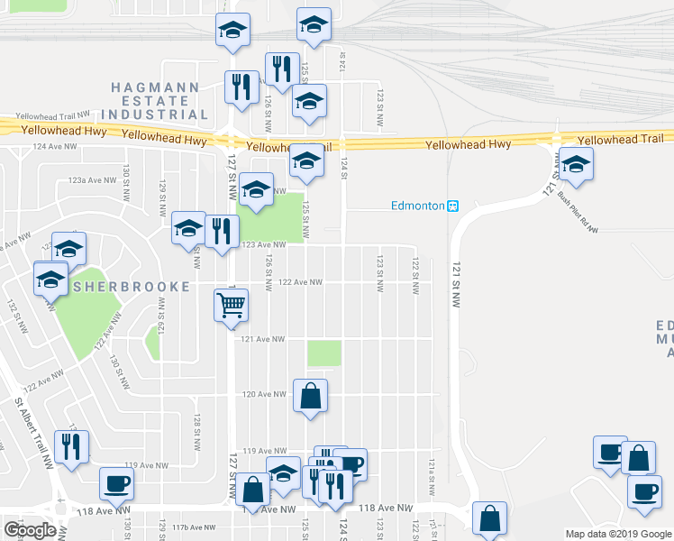 map of restaurants, bars, coffee shops, grocery stores, and more near 12206 124 Street in Edmonton