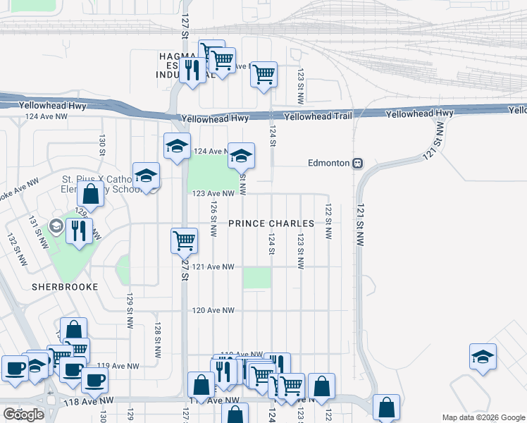 map of restaurants, bars, coffee shops, grocery stores, and more near in Edmonton