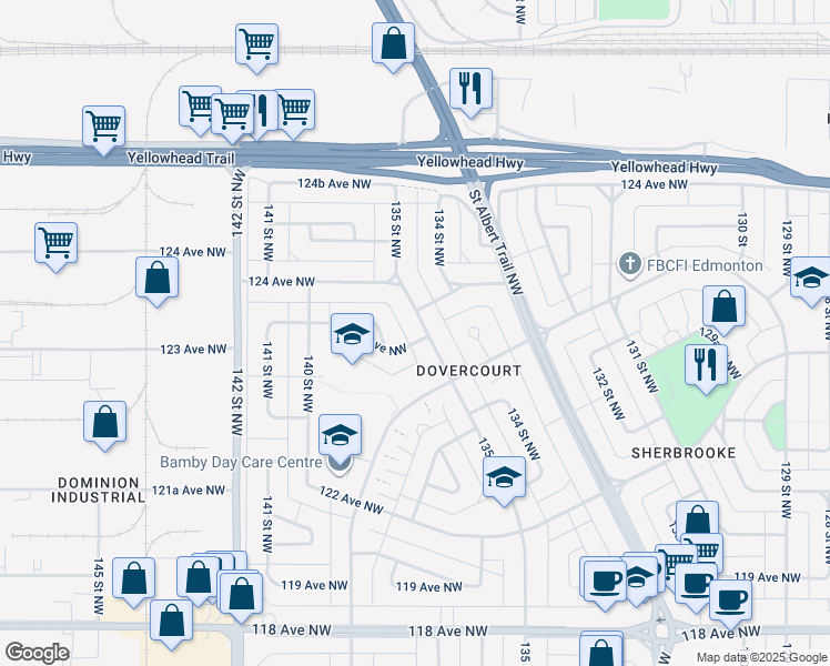 map of restaurants, bars, coffee shops, grocery stores, and more near 13504 123A Avenue Northwest in Edmonton
