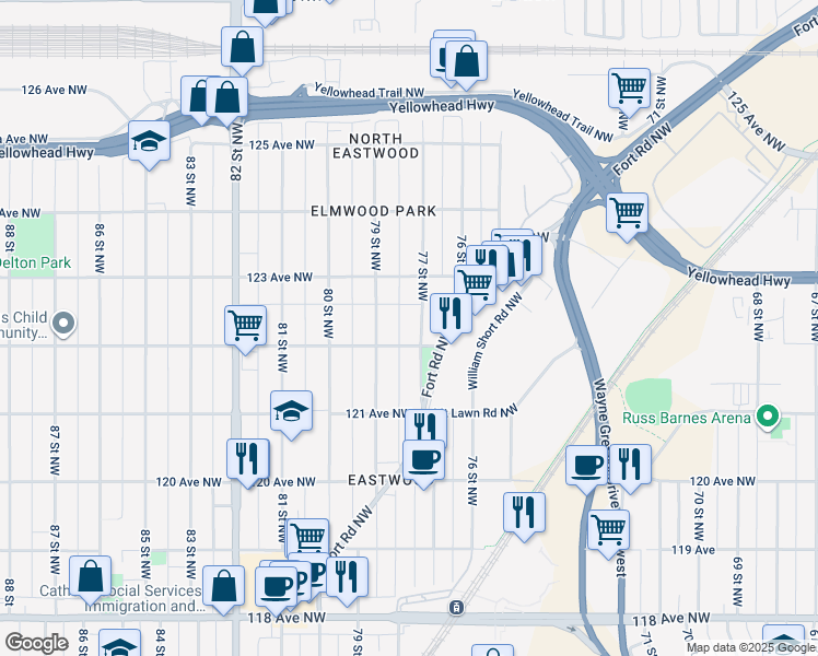 map of restaurants, bars, coffee shops, grocery stores, and more near 12212 77 Street Northwest in Edmonton
