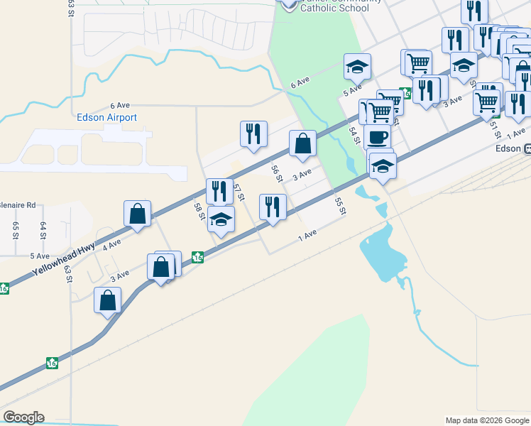 map of restaurants, bars, coffee shops, grocery stores, and more near 5526 2 Avenue in Edson