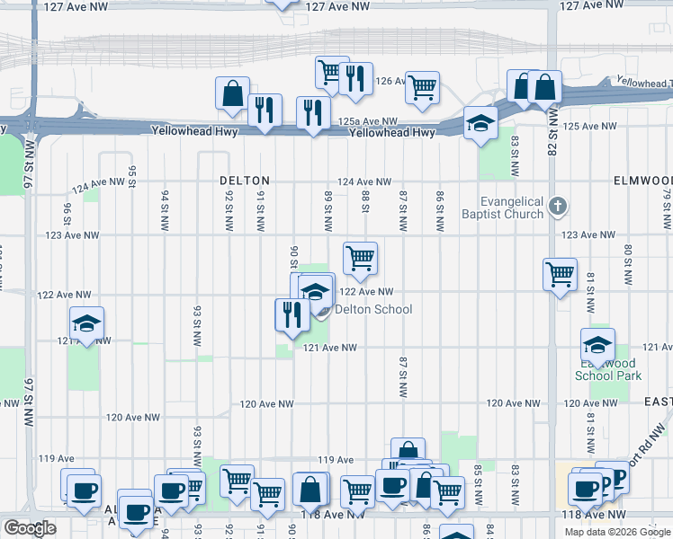 map of restaurants, bars, coffee shops, grocery stores, and more near 12211 89 Street Northwest in Edmonton