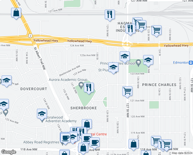 map of restaurants, bars, coffee shops, grocery stores, and more near 12251 129A Street Northwest in Edmonton