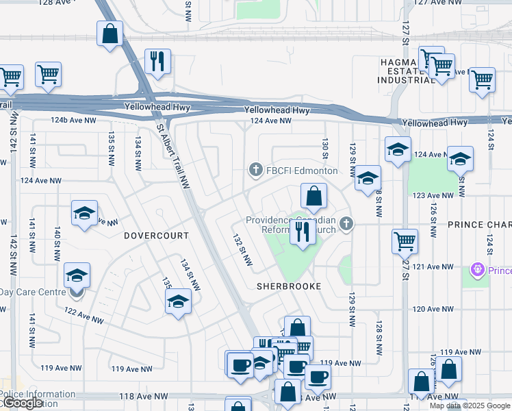 map of restaurants, bars, coffee shops, grocery stores, and more near 13044 122B Avenue Northwest in Edmonton