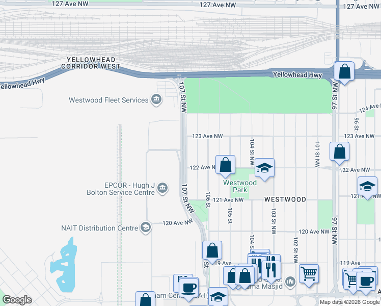 map of restaurants, bars, coffee shops, grocery stores, and more near 12207 107 Street Northwest in Edmonton
