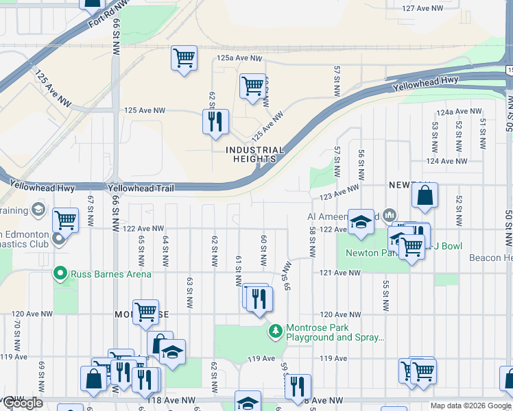 map of restaurants, bars, coffee shops, grocery stores, and more near 12208 60 Street Northwest in Edmonton