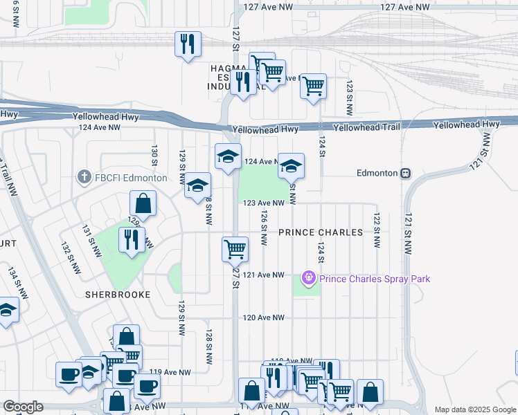 map of restaurants, bars, coffee shops, grocery stores, and more near 12208 126 Street Northwest in Edmonton