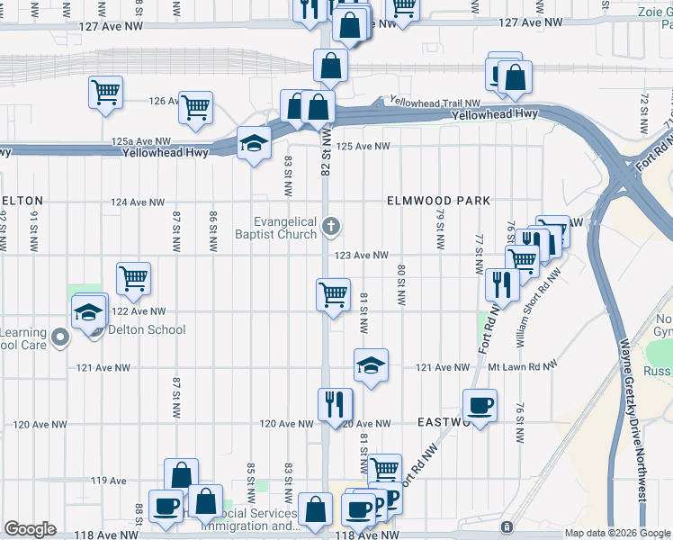 map of restaurants, bars, coffee shops, grocery stores, and more near 12308 82 Street Northwest in Edmonton