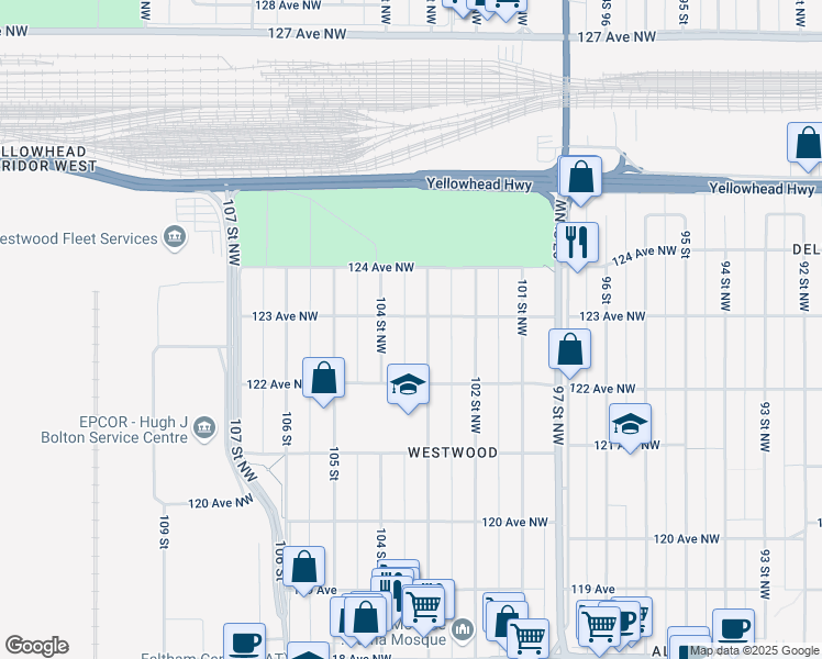 map of restaurants, bars, coffee shops, grocery stores, and more near 12300 123 Avenue Northwest in Edmonton