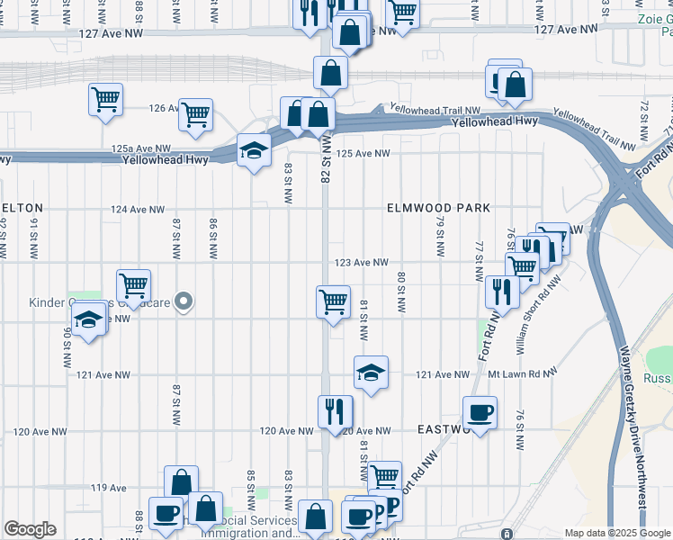 map of restaurants, bars, coffee shops, grocery stores, and more near 12308 82 Street Northwest in Edmonton