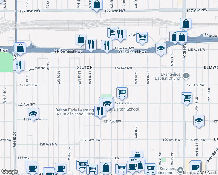 map of restaurants, bars, coffee shops, grocery stores, and more near in Edmonton