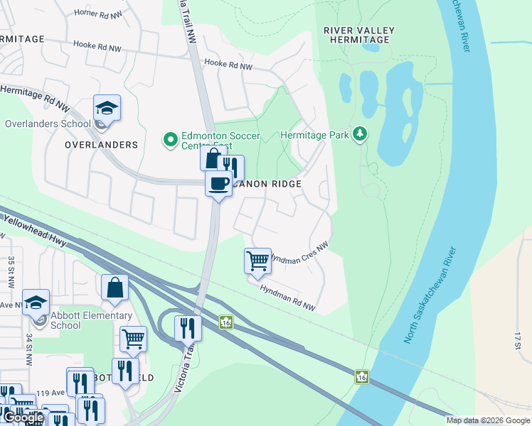 map of restaurants, bars, coffee shops, grocery stores, and more near 115 Hyndman Crescent Northwest in Edmonton