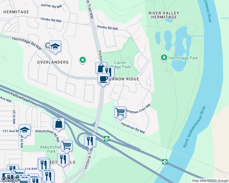 map of restaurants, bars, coffee shops, grocery stores, and more near 130 Hyndman Crescent Northwest in Edmonton