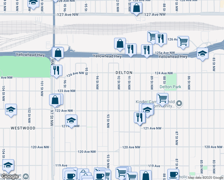 map of restaurants, bars, coffee shops, grocery stores, and more near 9212 123 Avenue Northwest in Edmonton