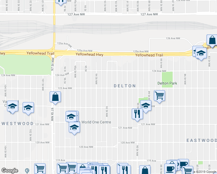 map of restaurants, bars, coffee shops, grocery stores, and more near 9212 123 Avenue Northwest in Edmonton