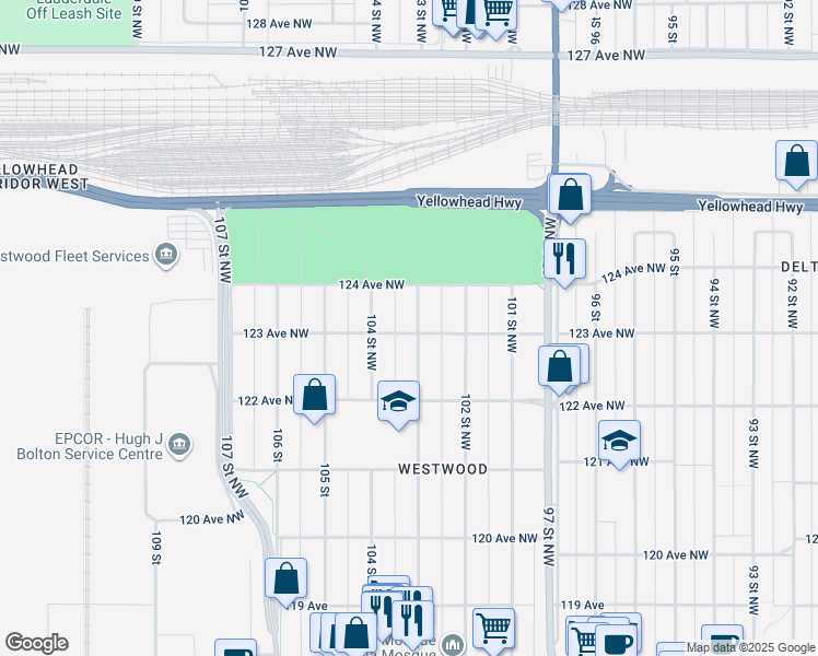 map of restaurants, bars, coffee shops, grocery stores, and more near 12300 123 Avenue Northwest in Edmonton