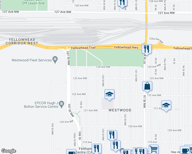 map of restaurants, bars, coffee shops, grocery stores, and more near 12303 105 Street Northwest in Edmonton