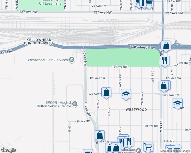 map of restaurants, bars, coffee shops, grocery stores, and more near 12302 123 Avenue Northwest in Edmonton