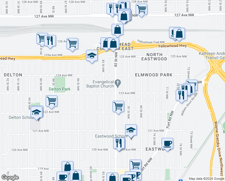 map of restaurants, bars, coffee shops, grocery stores, and more near 12308 82 Street Northwest in Edmonton