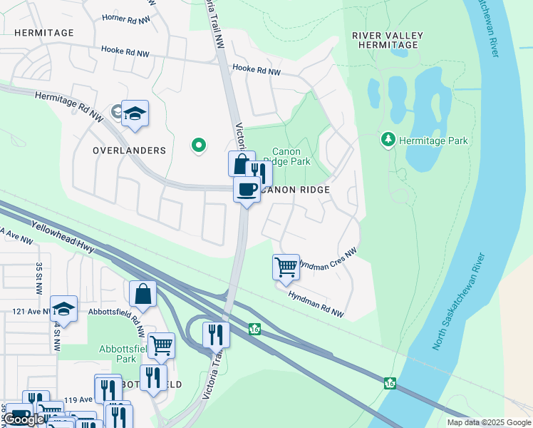 map of restaurants, bars, coffee shops, grocery stores, and more near 130 Hyndman Crescent Northwest in Edmonton
