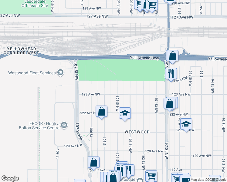 map of restaurants, bars, coffee shops, grocery stores, and more near 12303 105 Street Northwest in Edmonton