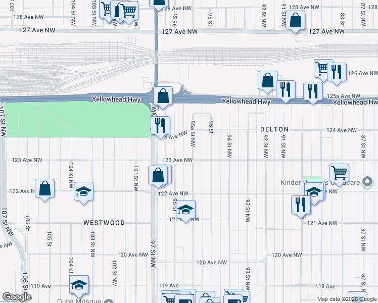 map of restaurants, bars, coffee shops, grocery stores, and more near 12312 95A Street Northwest in Edmonton
