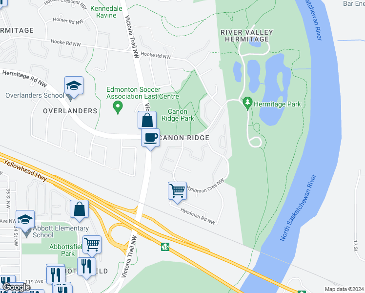 map of restaurants, bars, coffee shops, grocery stores, and more near 30 Hyndman Crescent Northwest in Edmonton